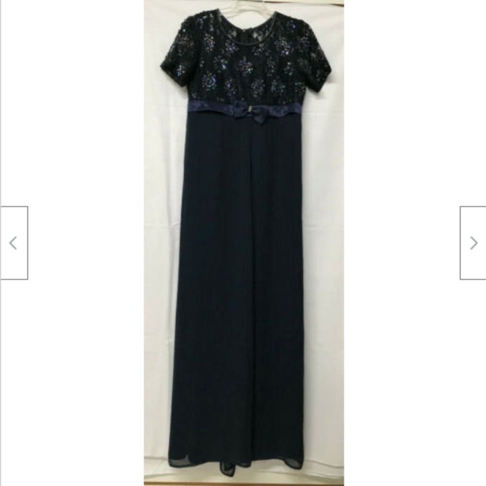 Navy Blue Short Sleeve Sequin Gown w/ Skirt Overlay MOB Prom Long Evening Dress